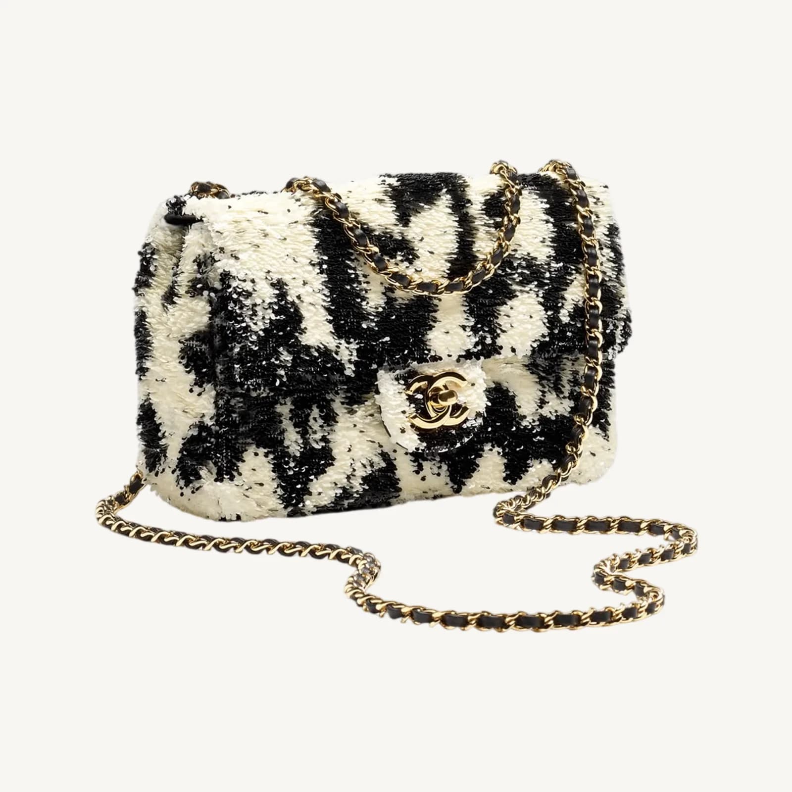 Chanel Small Flap Bag Sequins Black and White